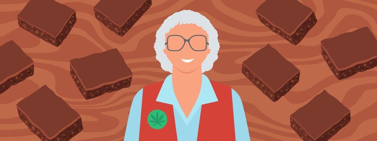 An illustration of Brownie Mary surrounded by brownies