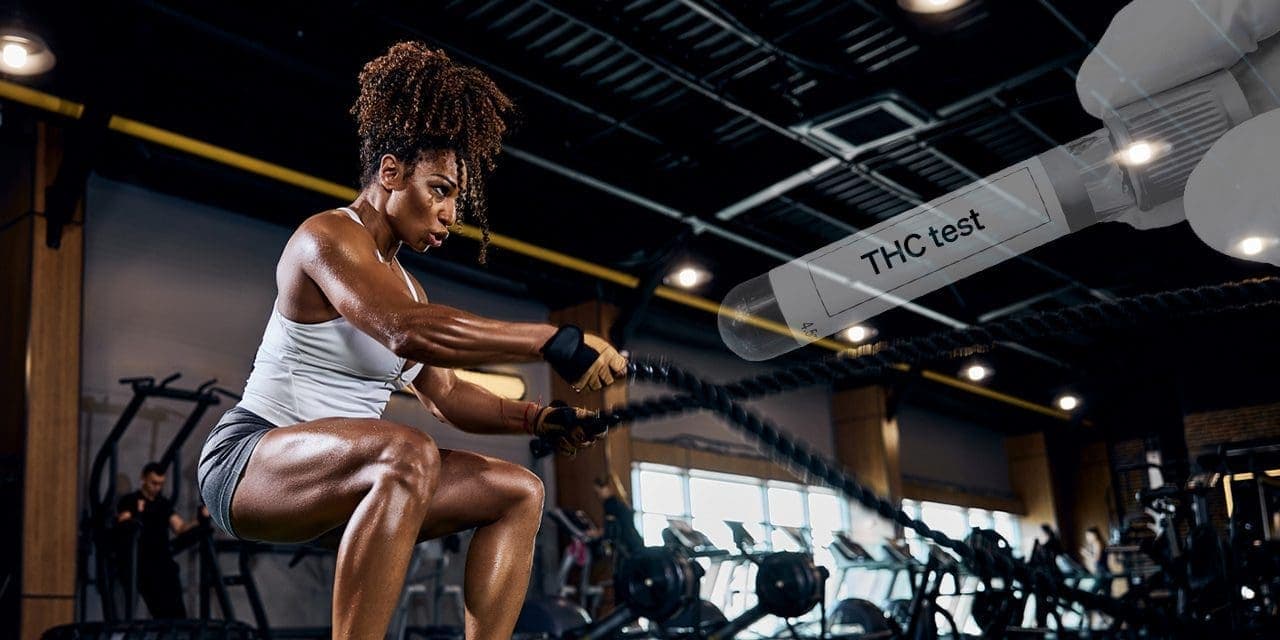 a woman on extreme exercise at the gym and a THC test sample at the backgound